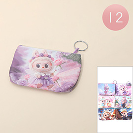 12PCS - Monster Bunny Character Printed Mini Keychain Coin Purse Bags