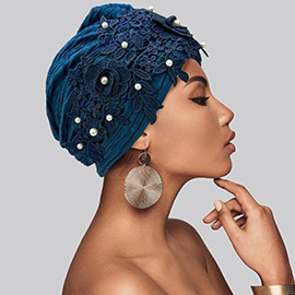 Floral Lace Pearl Embellished Turban Hair Wrap