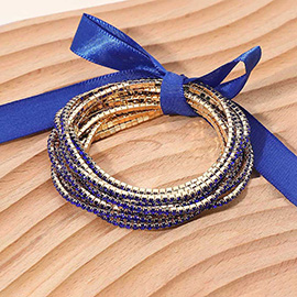 12PCS - Ribbon Slim Rhinestone Stretch Multi Layered Bracelet