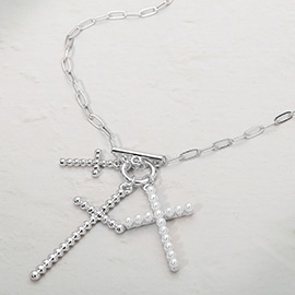 Metal Bubble Pearl Cross Charm Pendant Necklace
