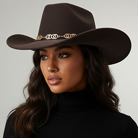 Polished Metal Chain Accent Sculpted Western Cowboy Fedora Hat