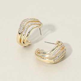 14K Gold Plated CZ Stone Paved Split Wave Hoop Earrings