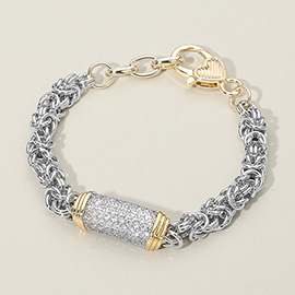 14K Gold Plated CZ Stone Paved Bar Centerpiece Two Tone Mixed Link Chain Bracelet