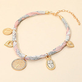 Tree of Life Medal Accent Mixed Charm Staton Fabric Scarf Necklace