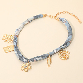 Flower Fish Swirl Starburst Mixed Symbolic Charm Station Fabric Scarf Necklace