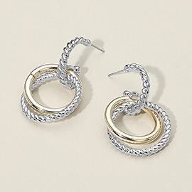 14K Gold Plated Two Tone Textured Interlocking Hoop Drop Earrings