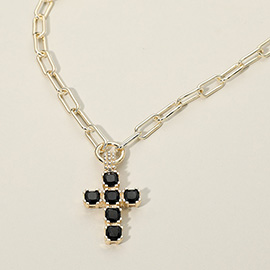 14K Gold Plated CZ Stone Cluster Cross Pendant Chunky Paperclip Chain Necklace