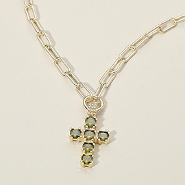 14K Gold Plated CZ Stone Cluster Cross Pendant Chunky Paperclip Chain Necklace