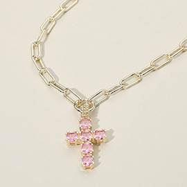 14K Gold Plated CZ Stone Cluster Cross Pendant Chunky Paperclip Chain Necklace