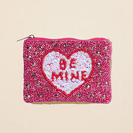 BE MINE Message Heart Sequin Seed Beaded Mini Pouch Bag
