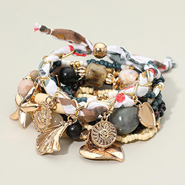 9PCS - Boho Shell Starfish Evil Eye Medallion Charm Beaded Stretch Adjustable Multi Layered Bracelets