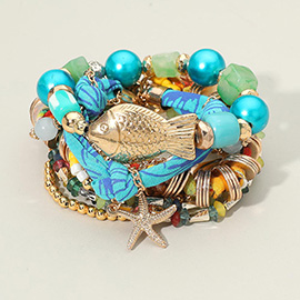 8PCS - Boho Fish Accent Starfish Charm Beaded Stretch Multi Layered Bracelets