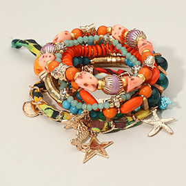 7PCS - Boho Starfish Turtle Fish Heart Star Charm Beaded Multi Beaded Stretch Adjustable Layered Bracelets