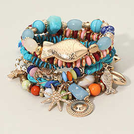 10PCS - Boho Fish Conch Shell Starburst Charm Beaded Multi Layered Stretch Adjustable Stackable Bracelets