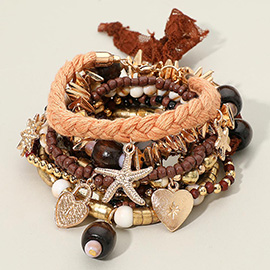 10PCS - Boho Starfish Heart Lock Charm Beaded Stretch Adjustable Multi Layered Bracelets