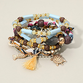 10PCS - Boho Turtle Fish Tassel Charm Beaded Stretch Adjustable Multi Layered Bracelets