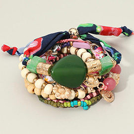 10PCS - Boho Flower Turtle Charm Accent Wood Beaded Stretch Adjustable Multi Layered Bracelets