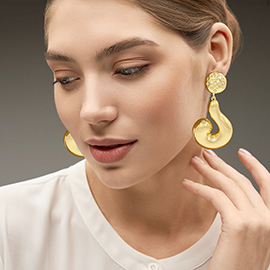 Stone Paved Abstract Curved Metal Drop Statement Earrings