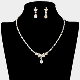 Teardrop Stone Cluster Dangle Bow Baguette CZ Stone Cluster Embellished Necklace