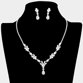 Teardrop CZ Stone Cluster Drop Floral Rhinestone Paved Necklace