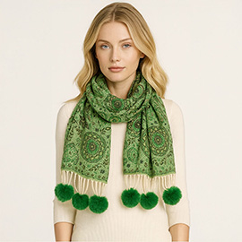 Elegant Patterned Pom Tassel Accent Winter Scarf
