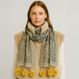 Elegant Patterned Pom Tassel Accent Winter Scarf