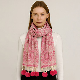 Elegant Patterned Pom Tassel Accent Winter Scarf