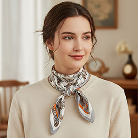 Flower Feather Motif Printed Square Silky Satin Bandana Scarf