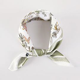 Chinoiserie Butterfly Floral Pattern Printed Square Silky Satin Bandana Scarf