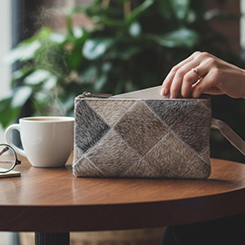 Genuine Leather Fur Flat Patchwork Wristlet Pouch Bag