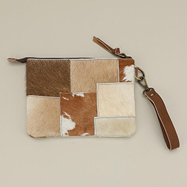 Genuine Leather Cowhide Calf Fur Patchwork Wristlet Pouch Clutch Bag