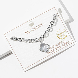White Gold Dipped Mother of Pearl Quatrefoil Charm Accent Chain Link Magnetic Bracelet