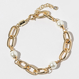 Gold Dipped Pearl Accent Textured Chunky Chain Link Bracelet