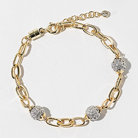 Gold Dipped CZ Stone Paved Ball Accent Oval Link Chain Bracelet