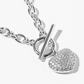 White Gold Dipped Chunky Chain CZ Stone Paved Puff Heart Toggle Pendant Necklace