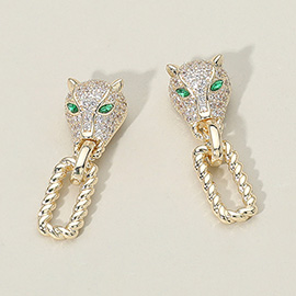 14K Gold Plated CZ Stone Paved Leopard Panther Twisted Open Rectangle Drop Earrings