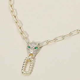 14K Gold Plated CZ Stone Paved Leopard Panther Twisted Open Rectangle Pendant Necklace