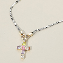 14K Gold Plated Two Tone Square CZ Stone Cross Pendant Necklace