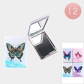 12PCS - Floating Glitter Butterfly Printed Cosmetic Mirrors