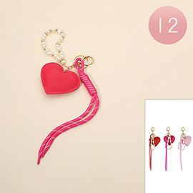 12PCS - Faux Leather Heart Charm Pearl Beaded Rope Tassel Keychains