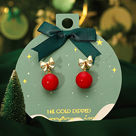 14K Gold Dipped Bow Accent Red Ball Drop Dangle Earrings