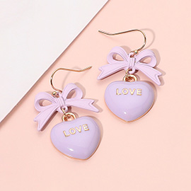 Enamel LOVE Heart Drop Bow Link Dangle Earrings