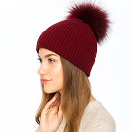 Genuine Fox Fur Pom Pom Ribbed Knit Winter Beanie Hat