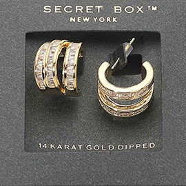 SECRET BOX_14K Gold Dipped Baguette Stone Accent Triple Split Hoop Earrings
