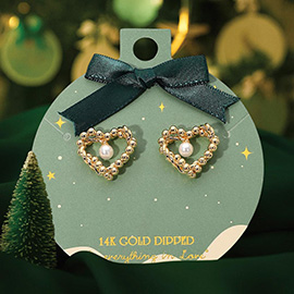 14K Gold Dipped Pearl Accent Beaded Heart Stud Earrings