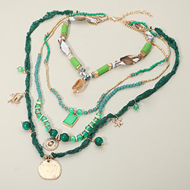 Boho Multi Charm Station Fabric Beaded Chain Layered Necklace