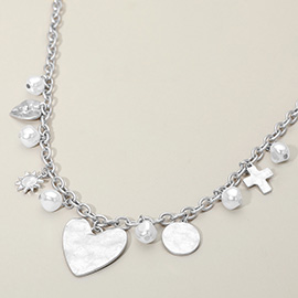 Brushed Metal Heart Cross Pearl Charm Station Chunky Necklace