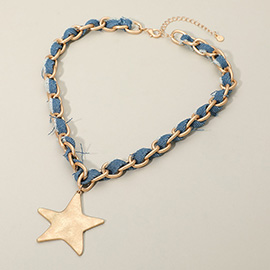 Brushed Hammered Metal Star Pendant Denim Fabric Woven Chain Statement Necklace