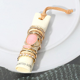 12PCS - Assorted Resin Stone Accent Pearl Link Textured Metal Stackable Ring Set