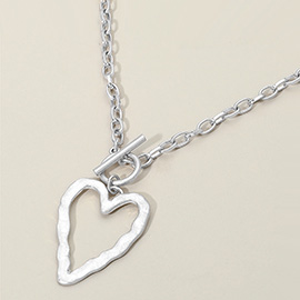Hammered Metal Open Heart Toggle Pendant Necklace